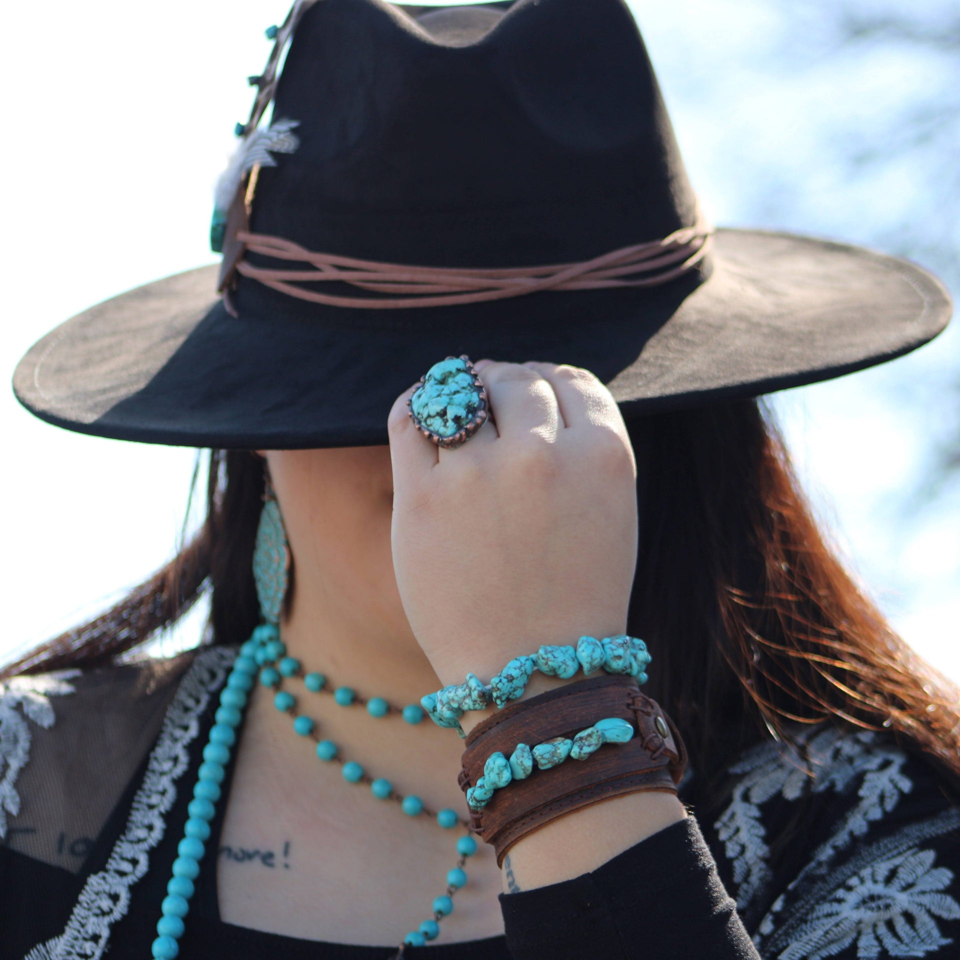 Genuine Leather Wide Cuff Bracelet w/ Natural Turquoise Chunks 006p