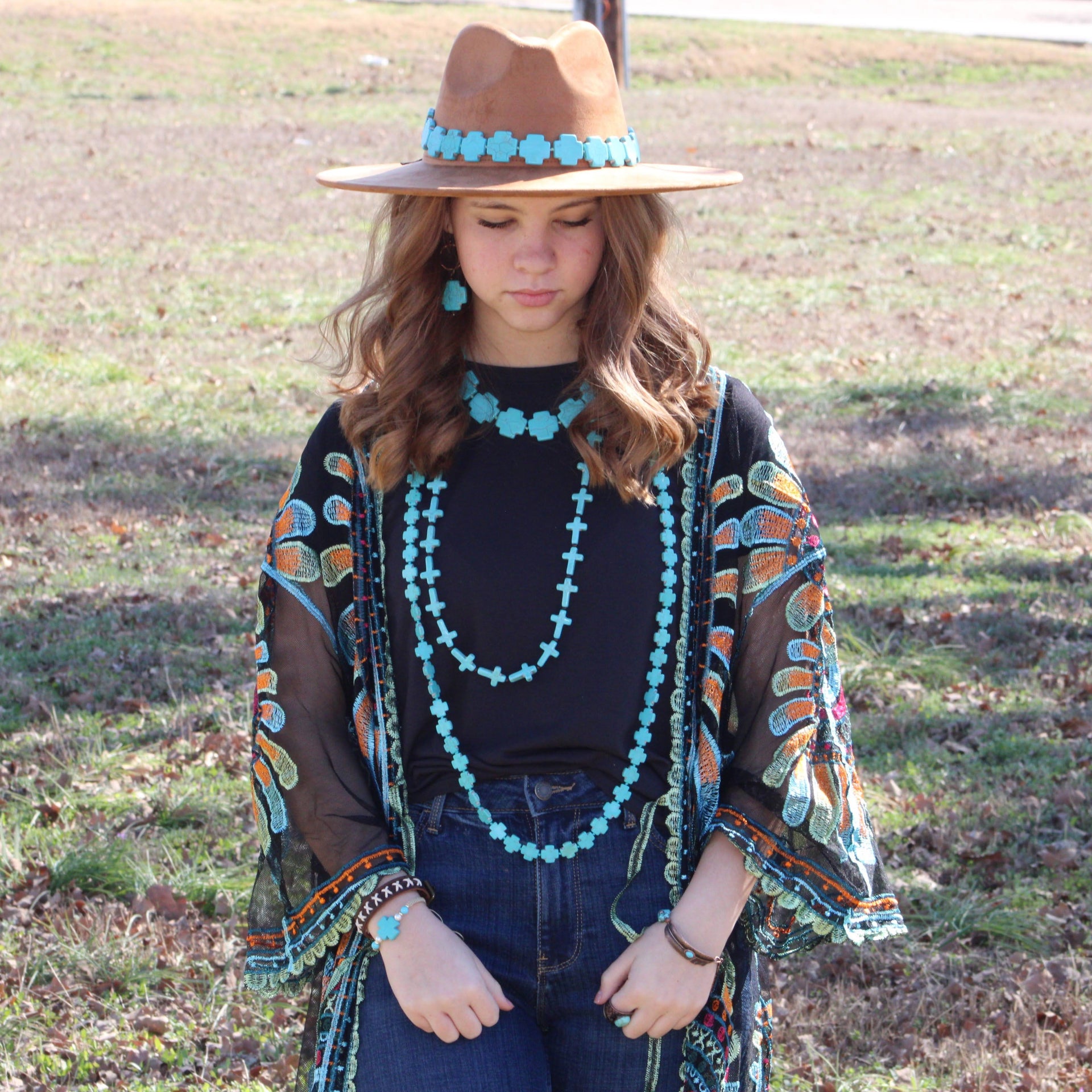 **Blue Turquoise & Wood Beaded Cross Necklace 258n