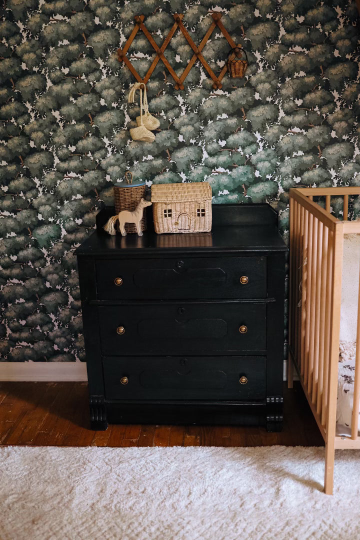 Anders Traditional Wallpaper in Green, Navy, and White
