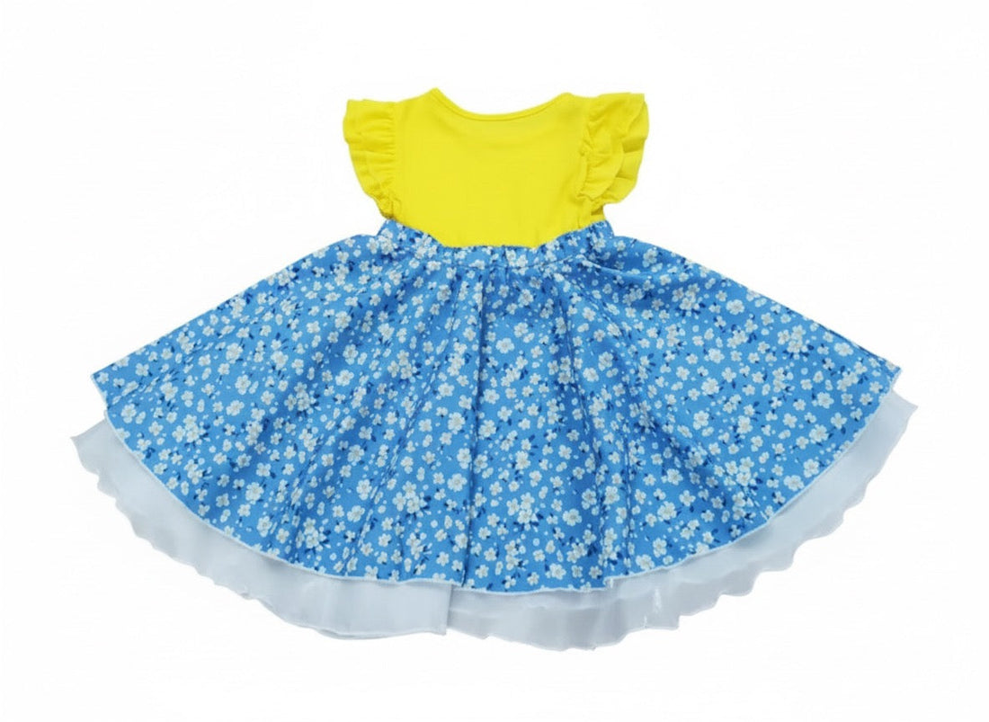 Yellow and Blue Floral Toddler Dress with Ruffle Sleeves - Image 4