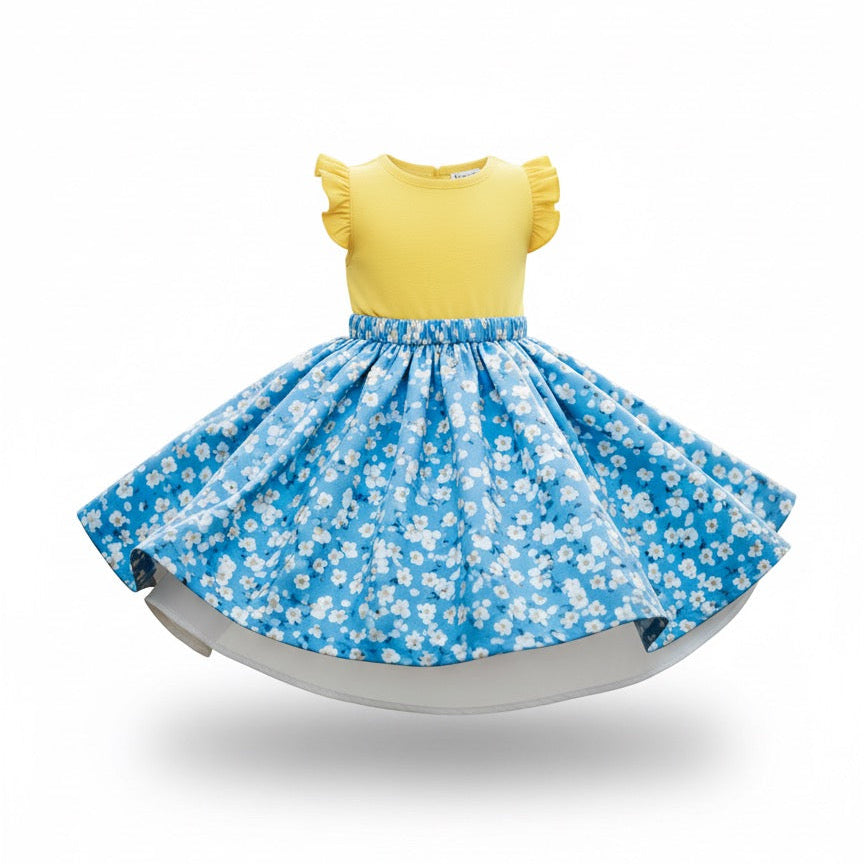 Yellow and Blue Floral Toddler Dress with Ruffle Sleeves - Image 7