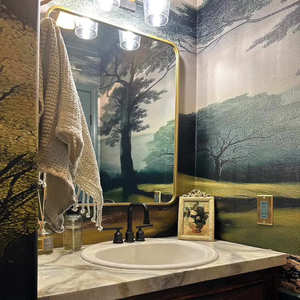 Close up of Sterling wallpaper featuring teal, forest-green, and gold vintage patterns