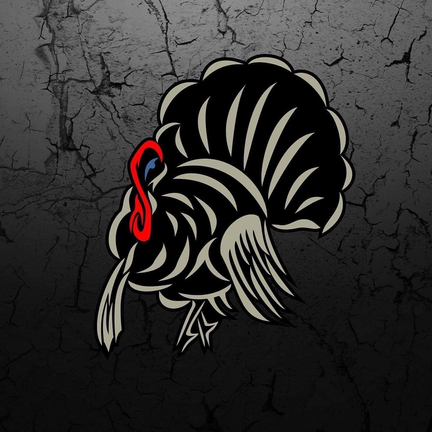 AFWoutdoors turkey sticker featuring a high-contrast black and tan design with red and blue accents.