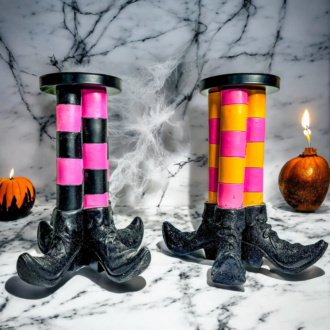 Wicked Witch Leg pillar candle holders with striped legs and glittery black boots