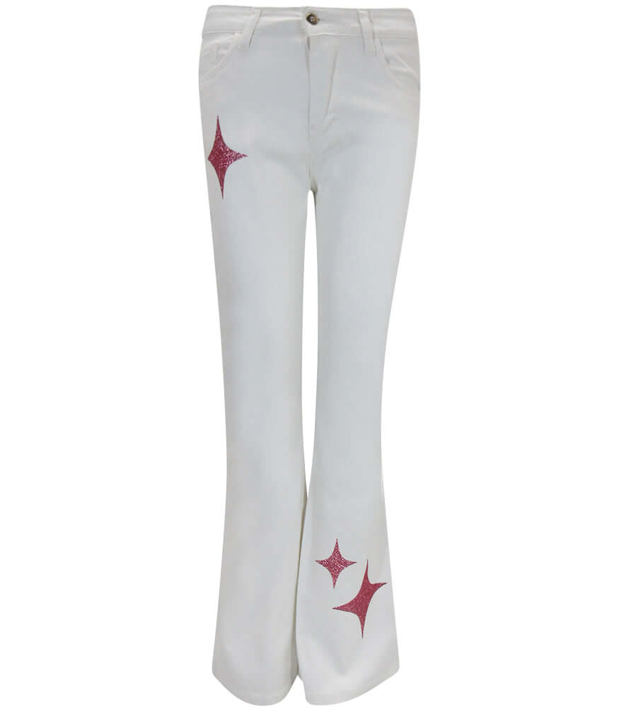 White stretch denim jeans featuring rose gold glitter star graphics on the leg.