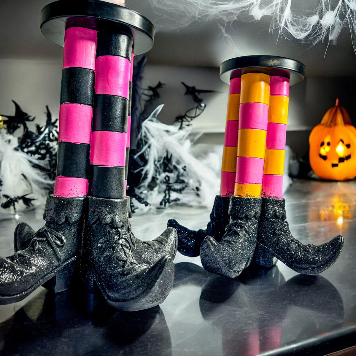 Wicked Witch Leg Pillar Candle Holder in Bright Striped Colors - Image 3