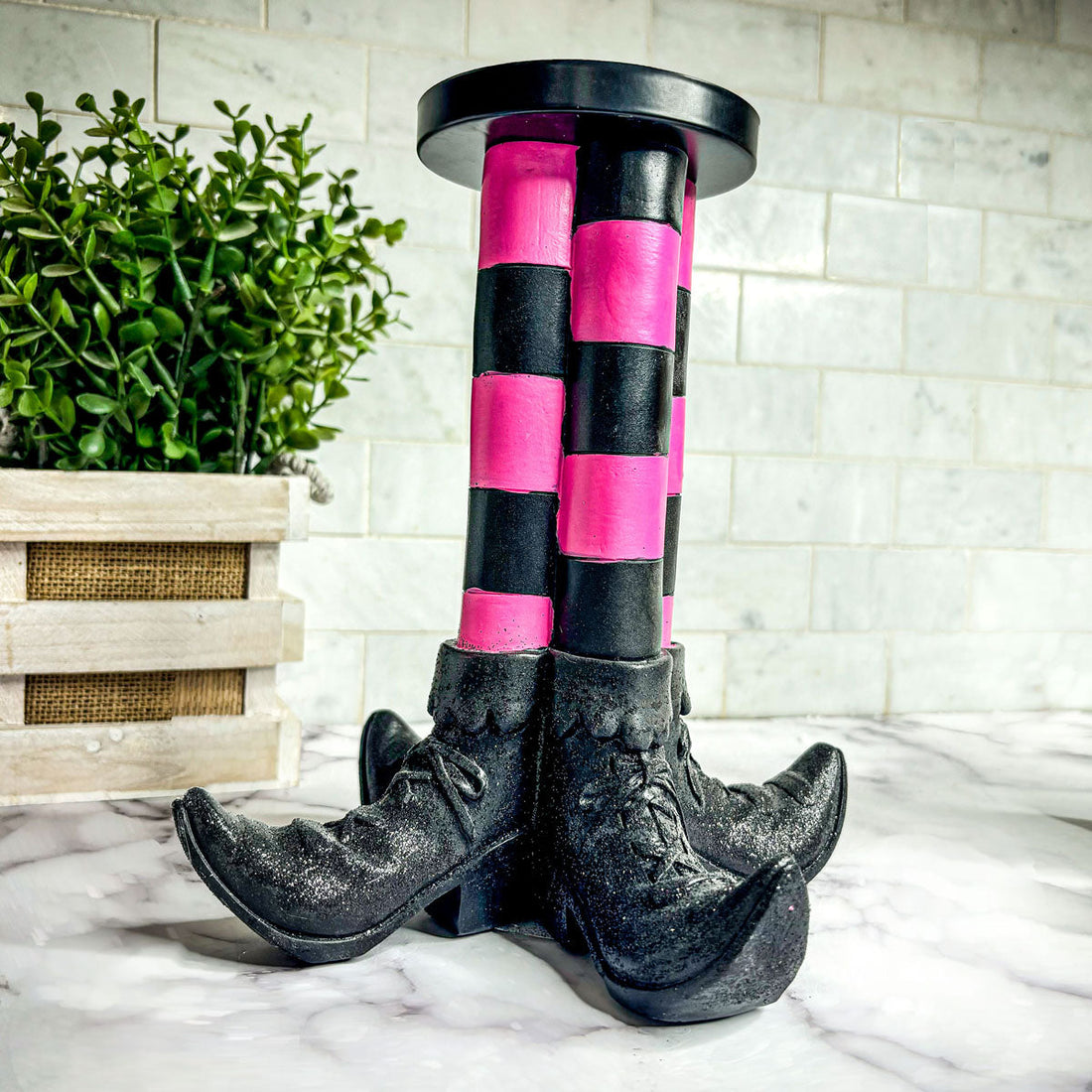 Wicked Witch Leg Pillar Candle Holder in Bright Striped Colors - Image 4
