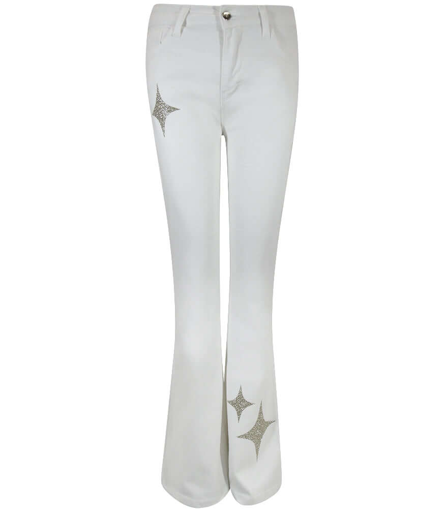 White Stretch Denim Jeans with Gold Glitter Star Accents