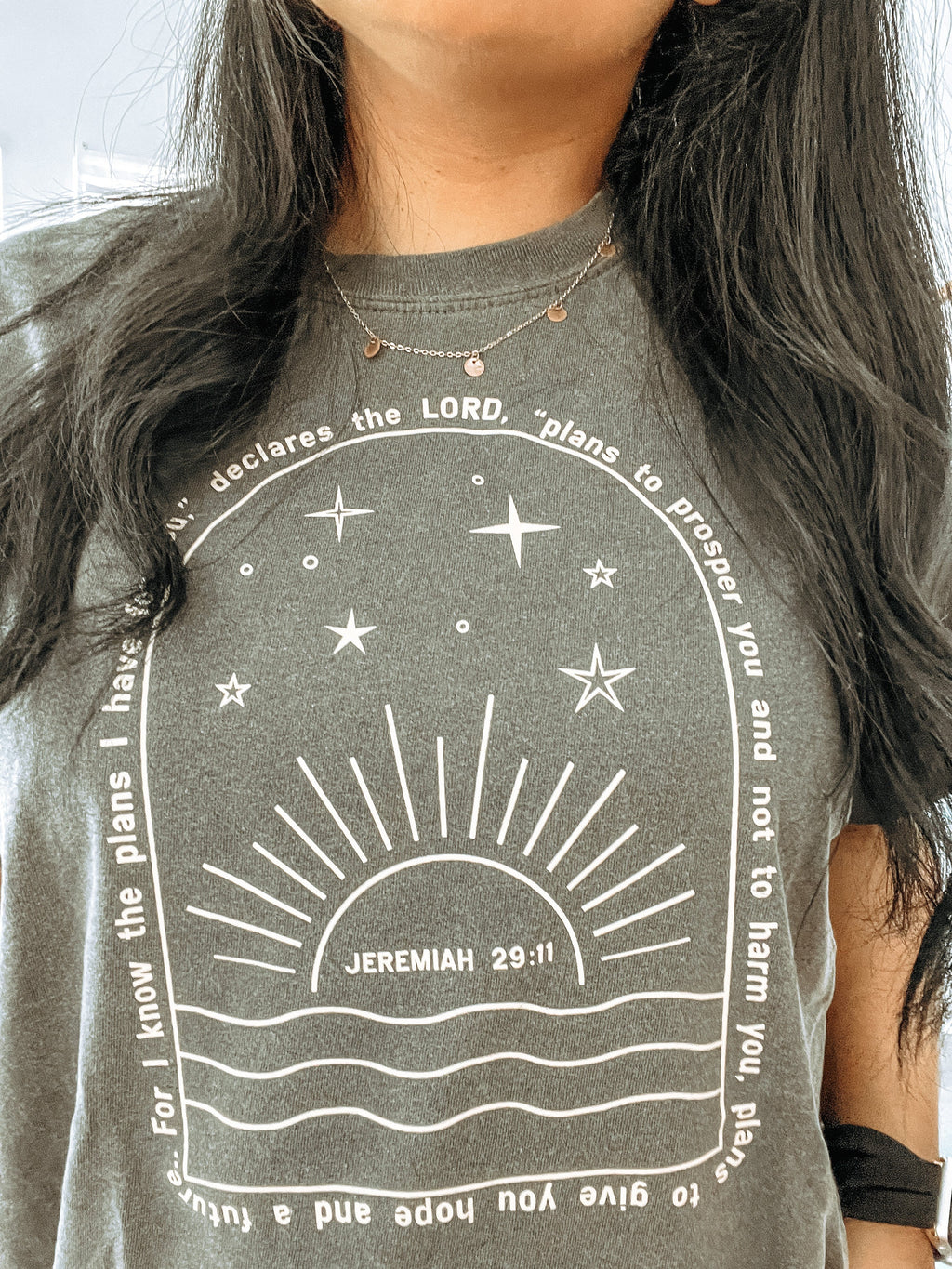 Women wearing For I Know the Plans graphic tee in charcoal and white.