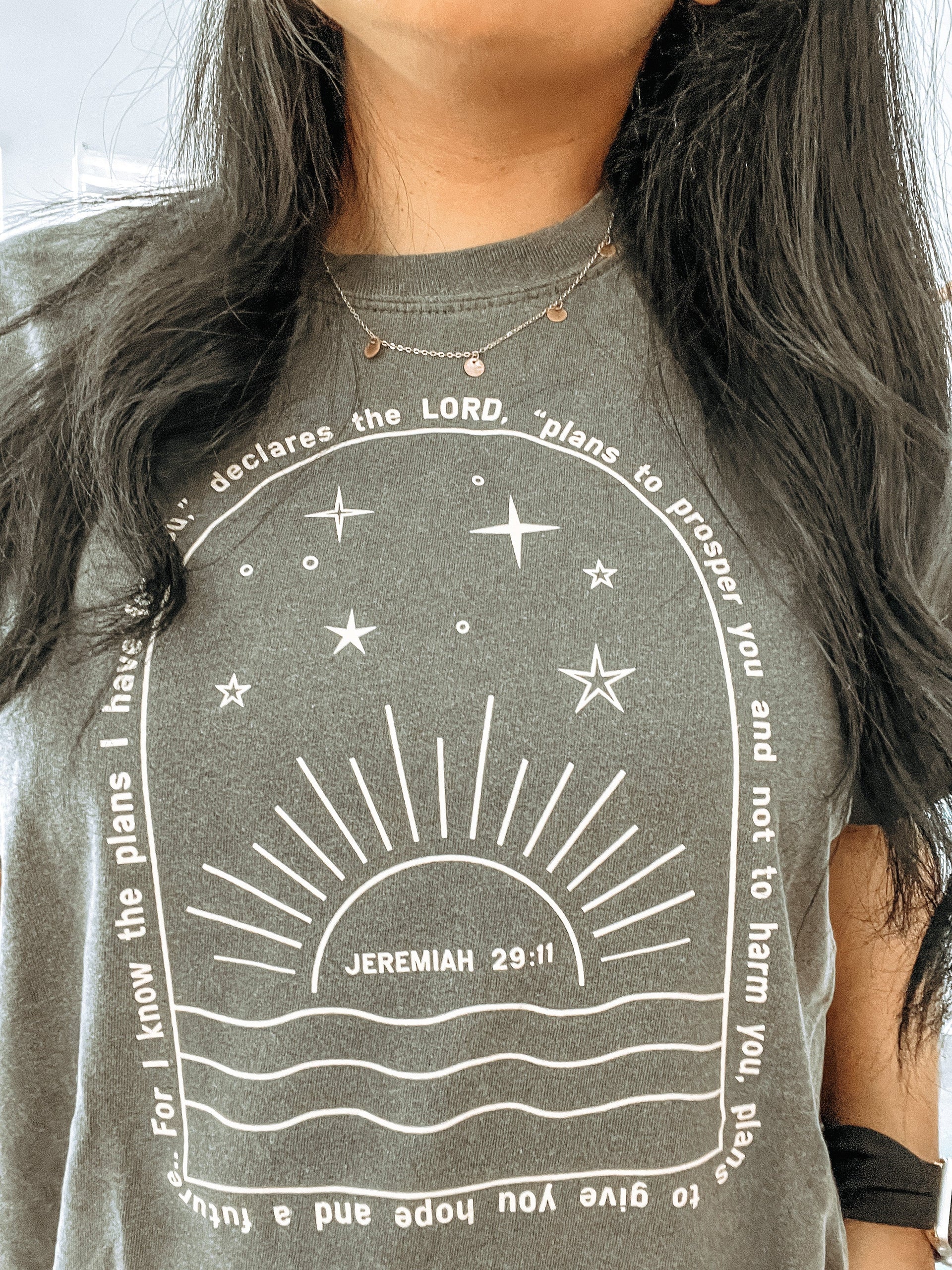 Women wearing For I Know the Plans graphic tee in charcoal and white.