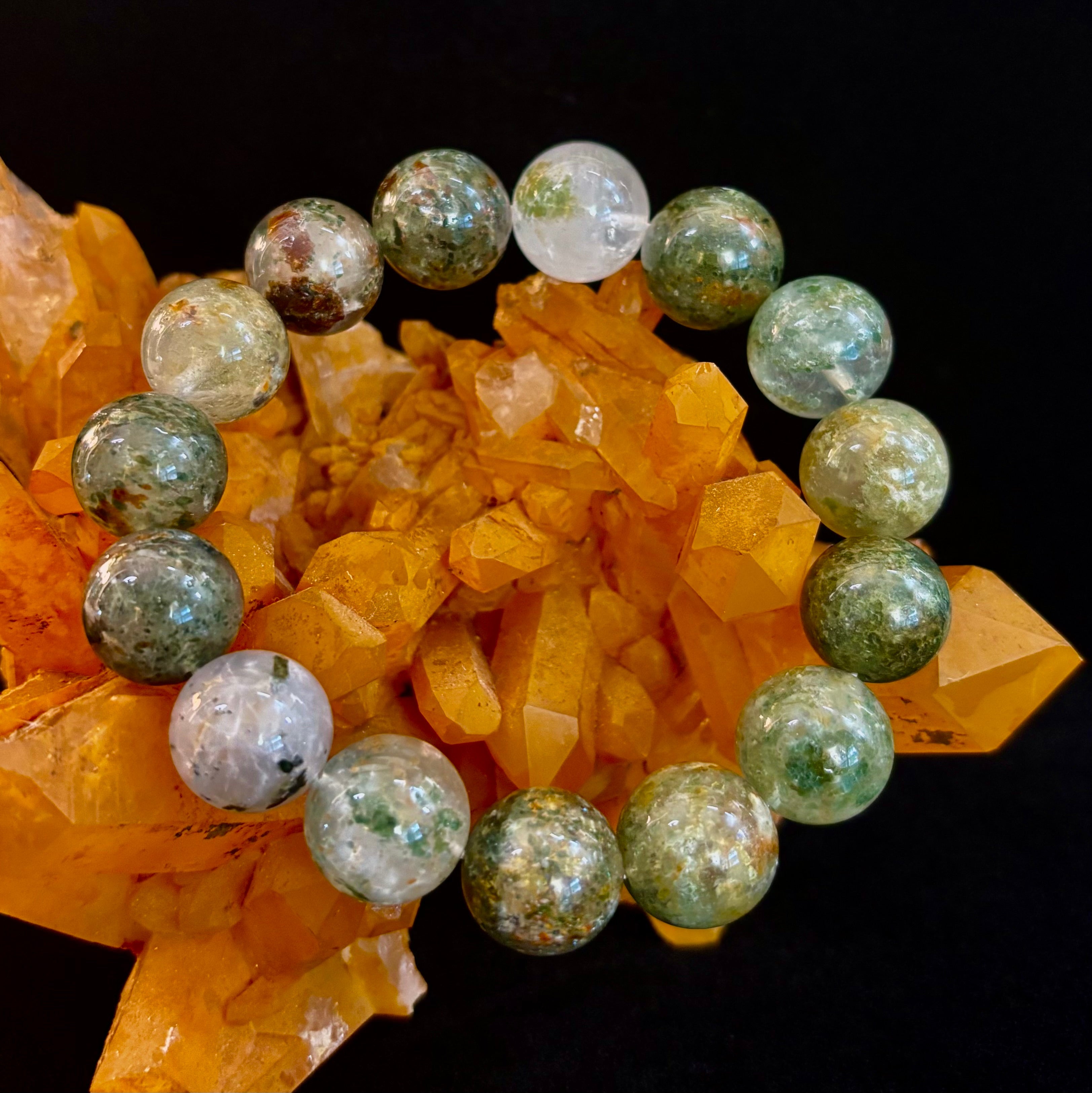 Reiki-Infused Genuine Green Phantom Quartz Statement Bracelet for Growth, Resilience & Wealth Attraction (14mm)