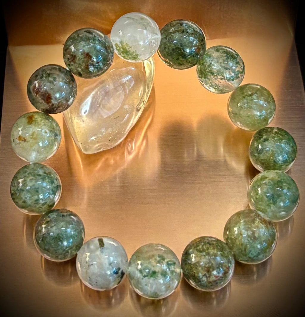 Reiki-Infused Genuine Green Phantom Quartz Statement Bracelet for Growth, Resilience & Wealth Attraction (14mm)