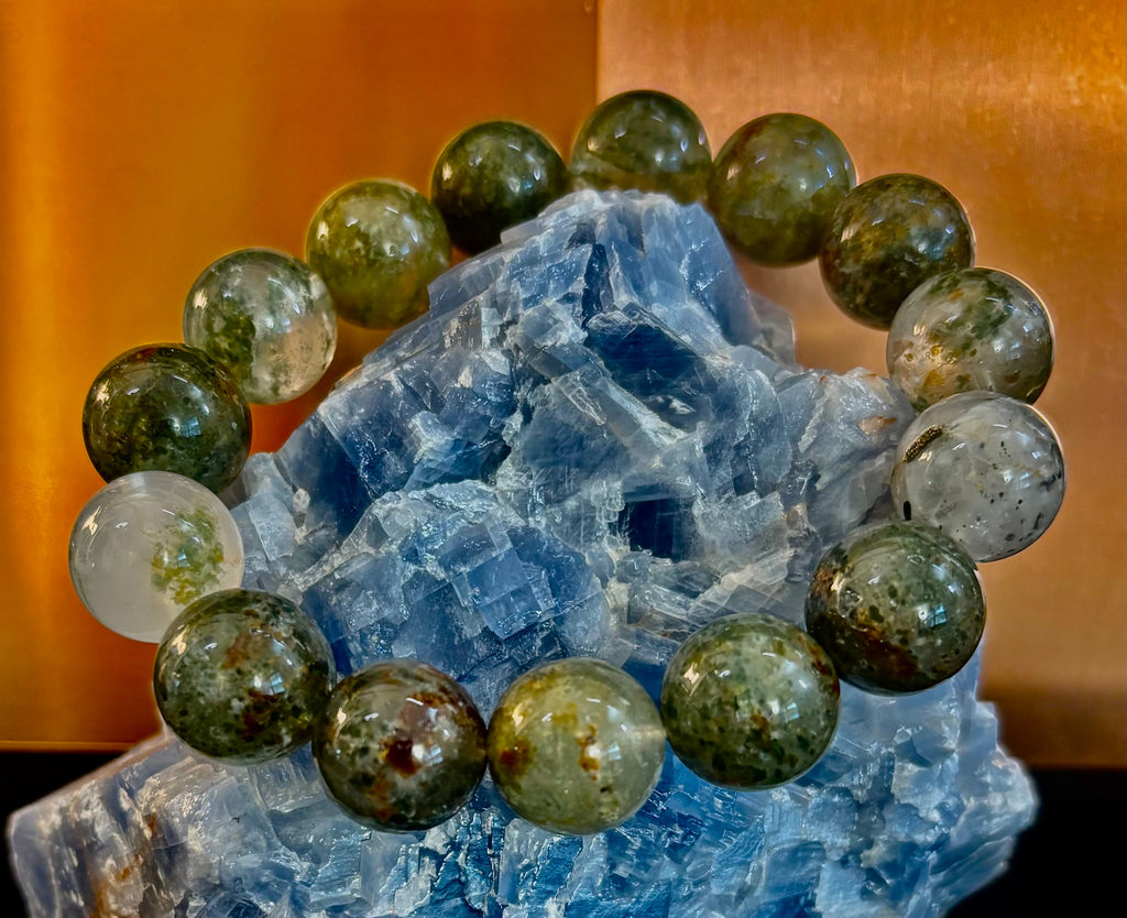 Reiki-Infused Genuine Green Phantom Quartz Statement Bracelet for Growth, Resilience & Wealth Attraction (14mm)