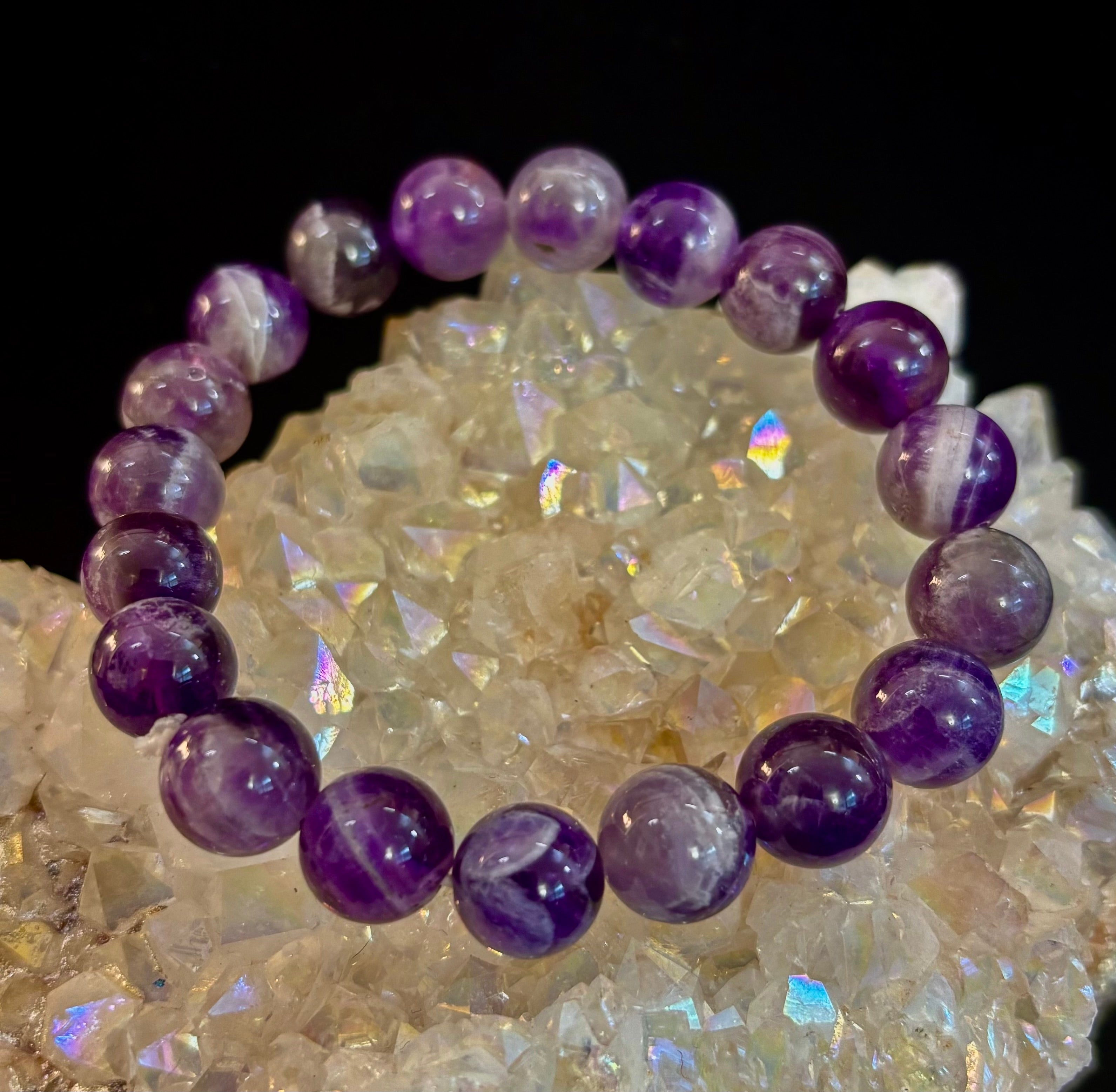 Reiki-Infused Genuine Chevron Amethyst Bracelet for Intuition, Spiritual Protection & Inner Peace (8mm & 10mm)