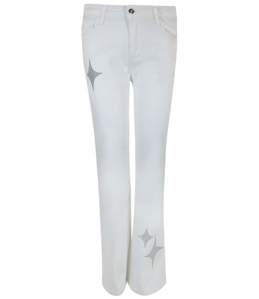 A pair of white stretch denim jeans featuring silver glitter star accents on the hip and lower leg.