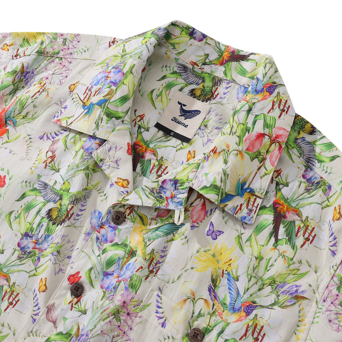 Hummingbird Floral Print Cotton Camp Collar Hawaiian Shirt