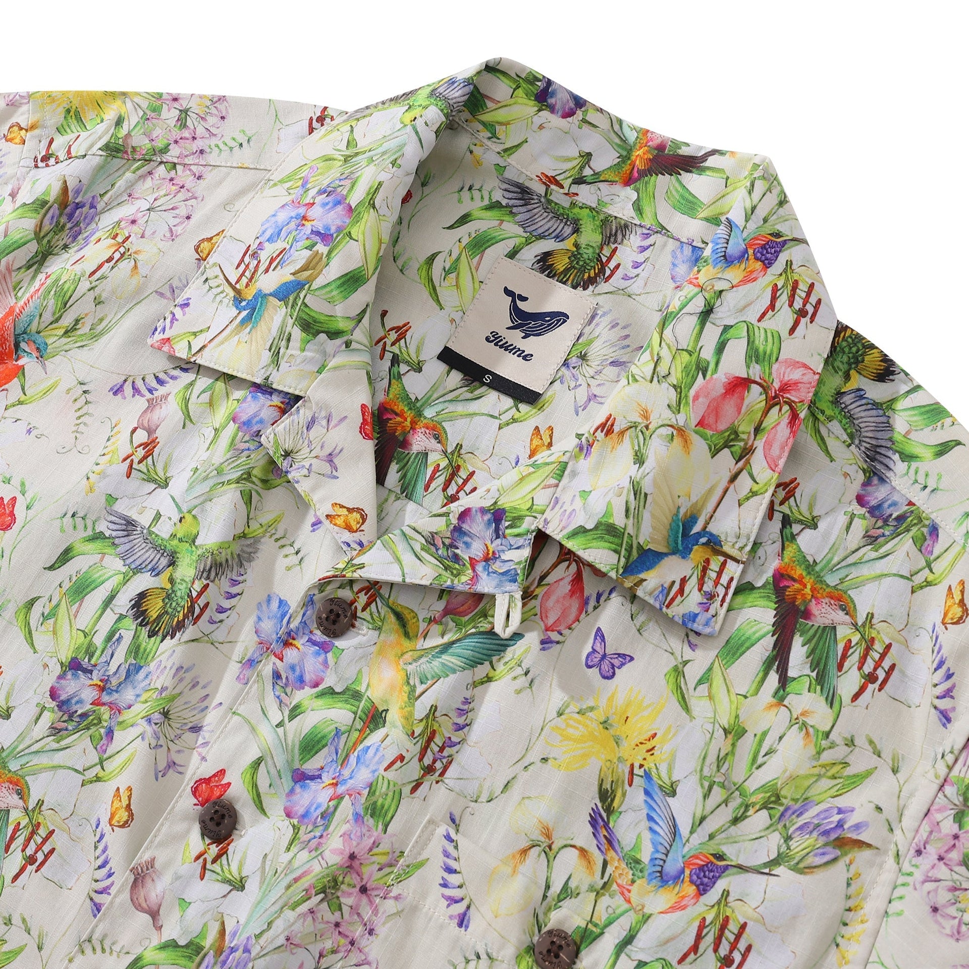 Hummingbird Floral Print Cotton Camp Collar Hawaiian Shirt