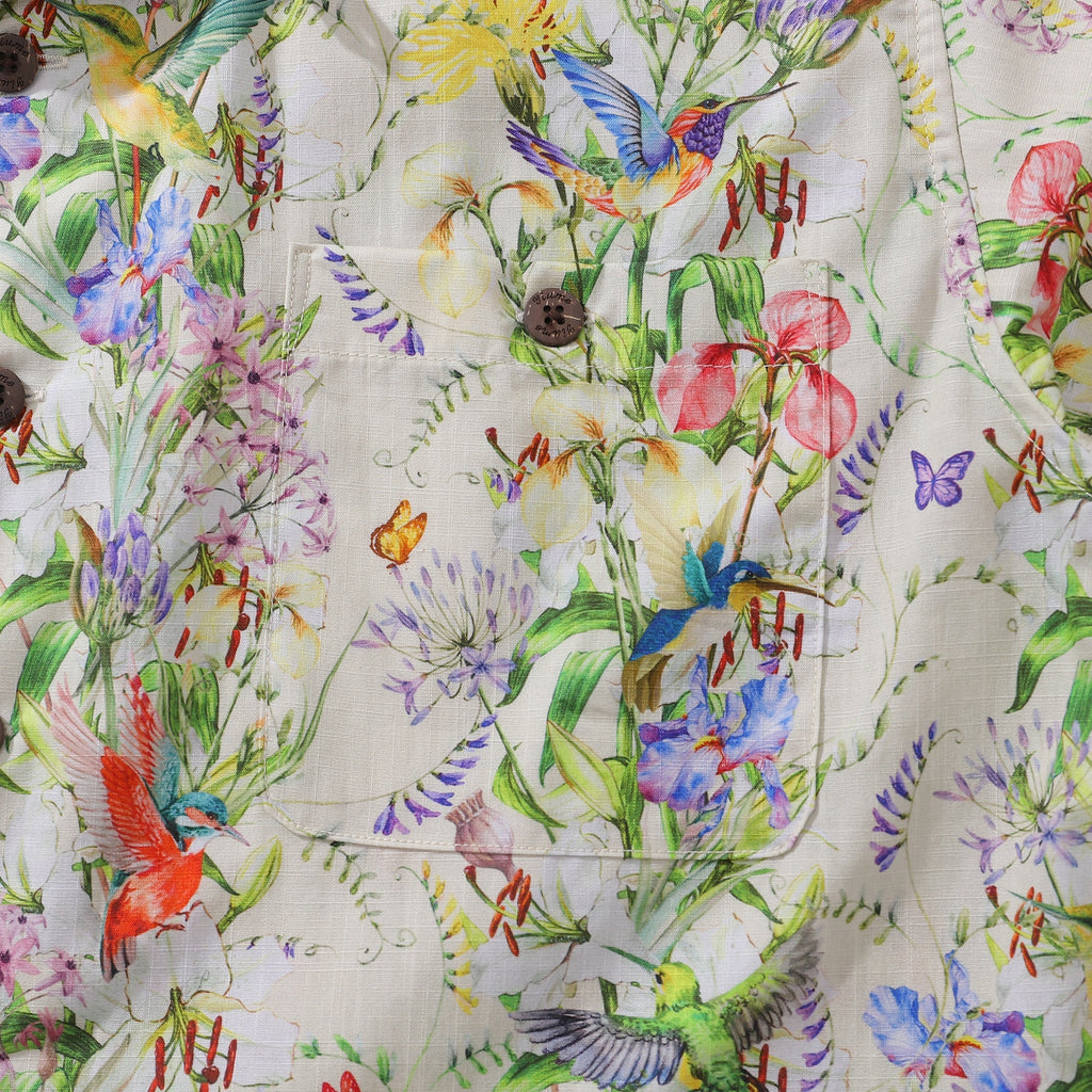 Hummingbird Floral Print Cotton Camp Collar Hawaiian Shirt