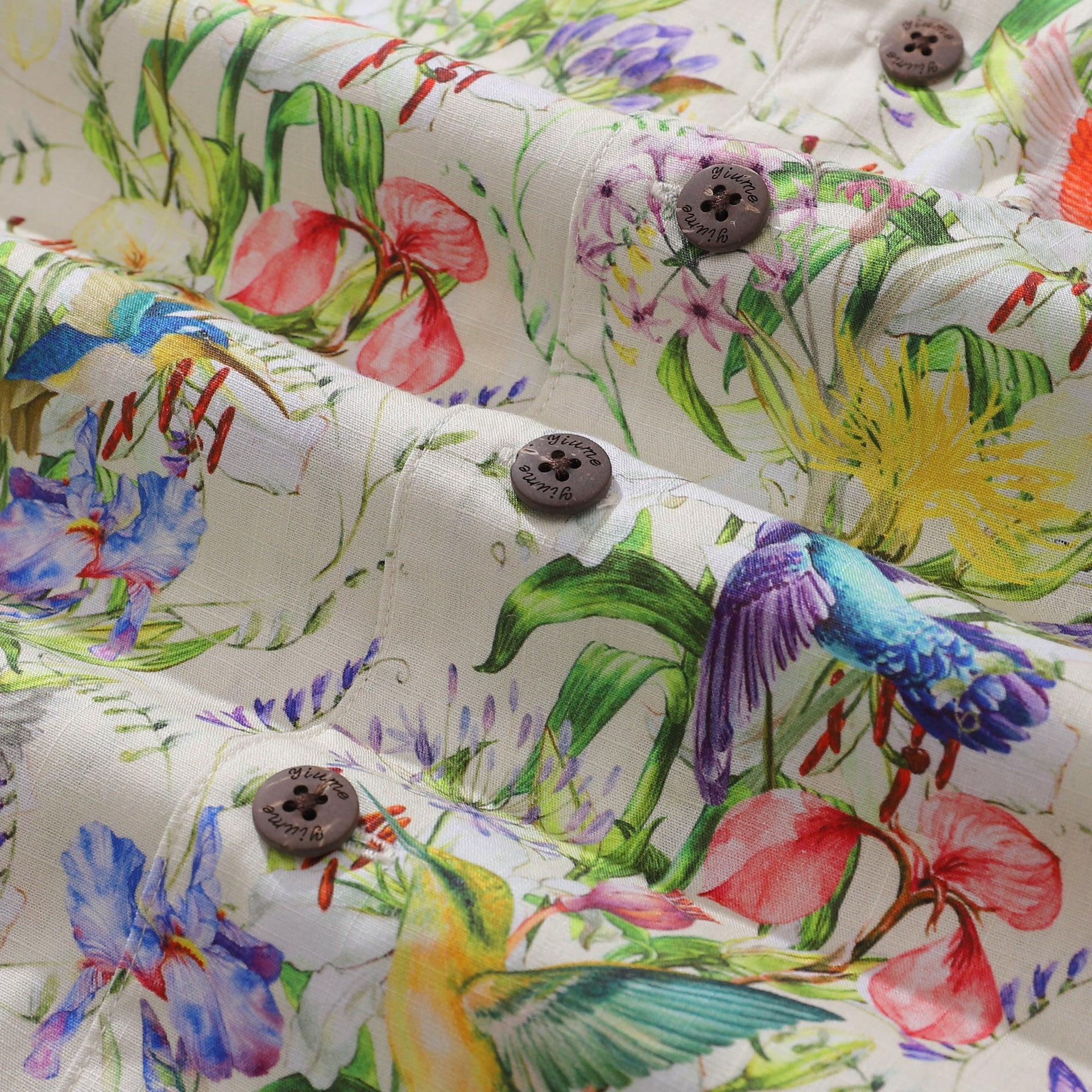 Hummingbird Floral Print Cotton Camp Collar Hawaiian Shirt