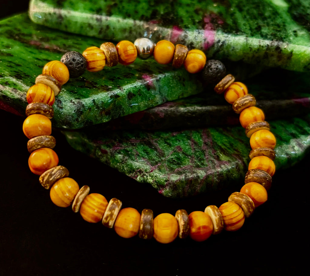 Reiki-Infused Natural Wood & Lava Rock Bracelet with Coconut Shell Spacers for Grounding & Solar Plexus Strength
