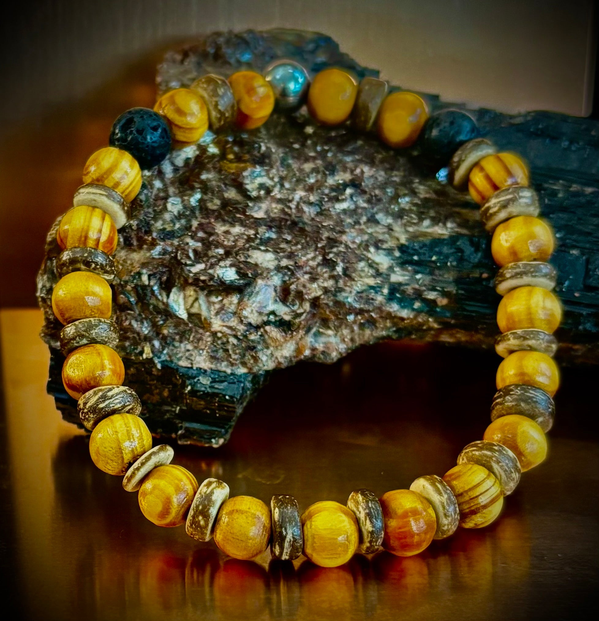 Reiki-Infused Natural Wood & Lava Rock Bracelet with Coconut Shell Spacers for Grounding & Solar Plexus Strength