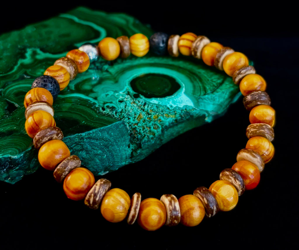 Reiki-Infused Natural Wood & Lava Rock Bracelet with Coconut Shell Spacers for Grounding & Solar Plexus Strength