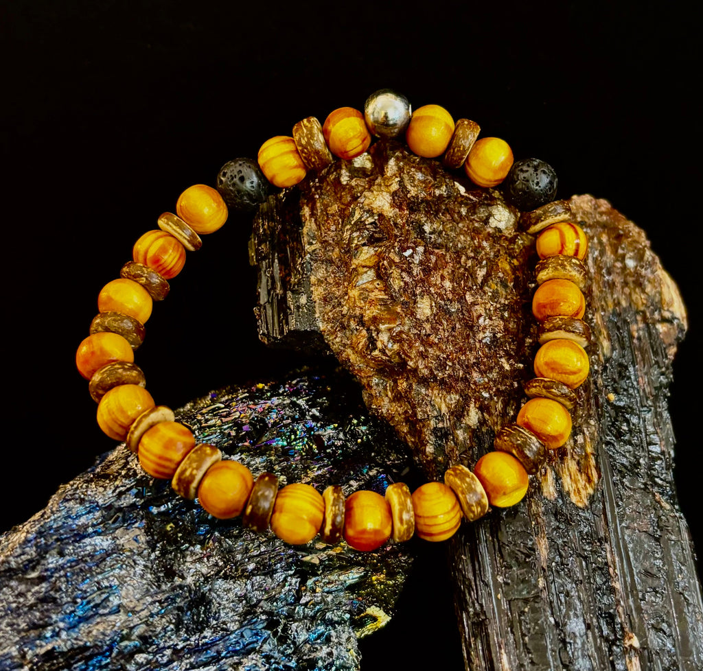 Reiki-Infused Natural Wood & Lava Rock Bracelet with Coconut Shell Spacers for Grounding & Solar Plexus Strength