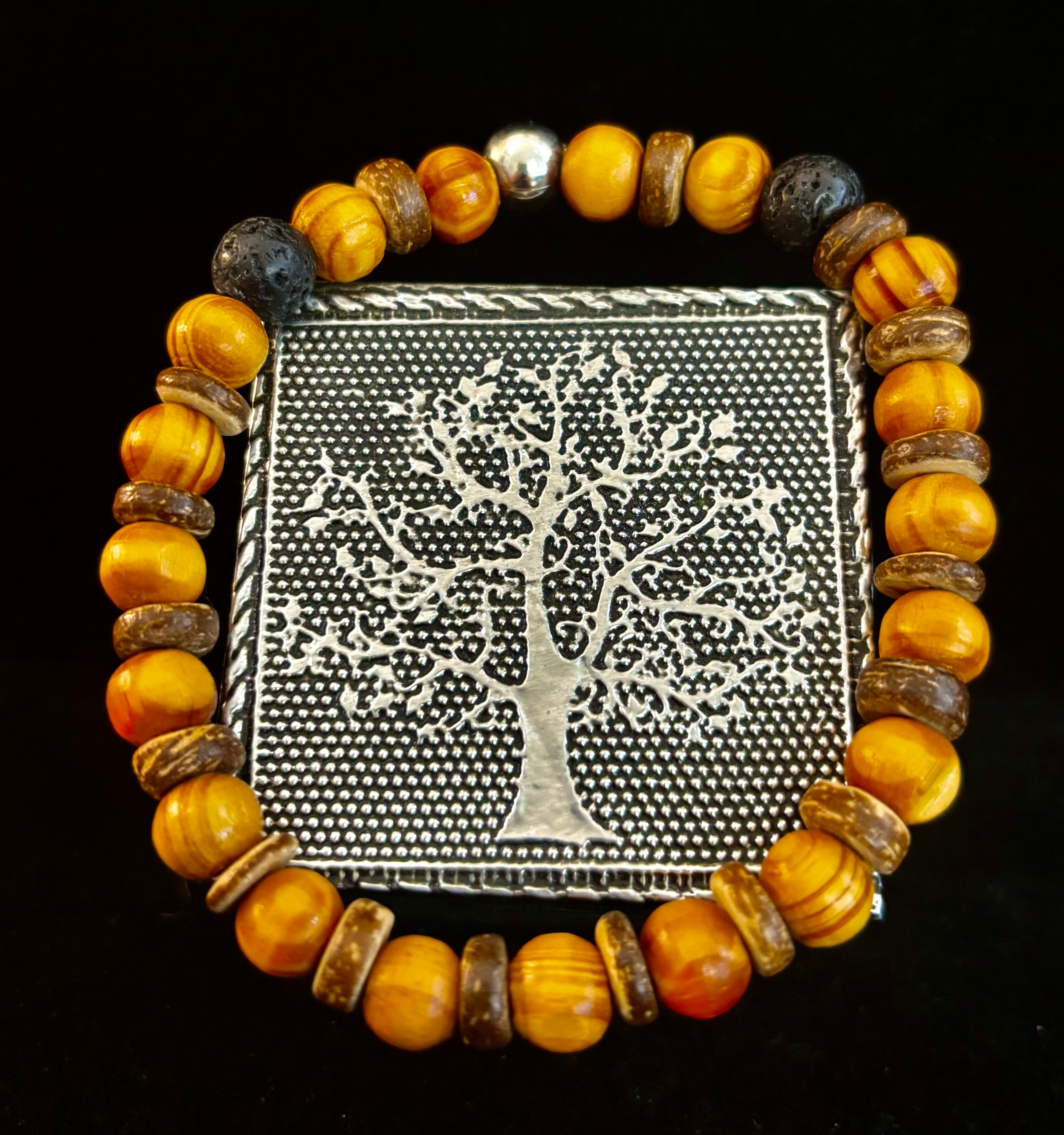 Reiki-Infused Natural Wood & Lava Rock Bracelet with Coconut Shell Spacers for Grounding & Solar Plexus Strength