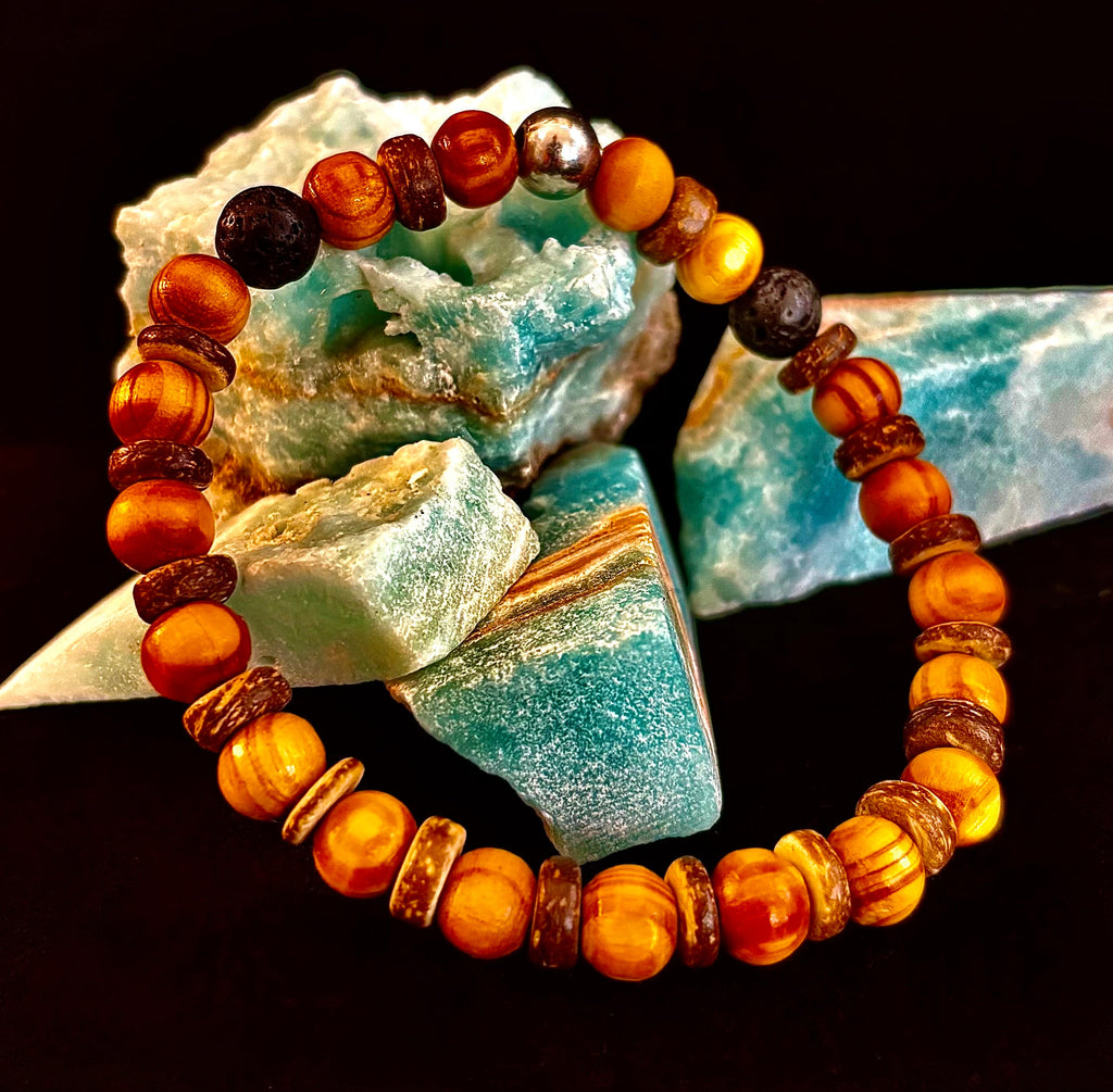 Reiki-Infused Natural Wood & Lava Rock Bracelet with Coconut Shell Spacers for Grounding & Solar Plexus Strength