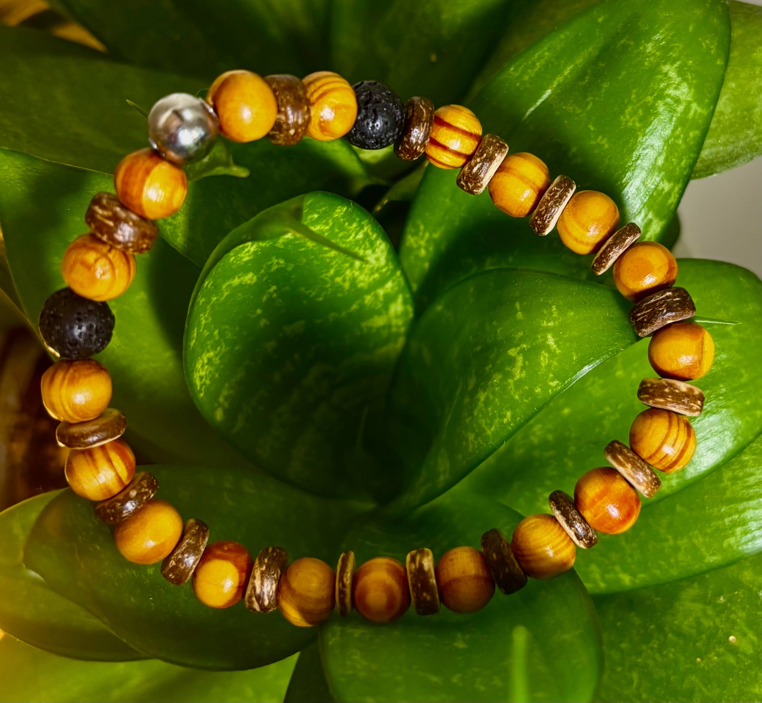 Reiki-Infused Natural Wood & Lava Rock Bracelet with Coconut Shell Spacers for Grounding & Solar Plexus Strength