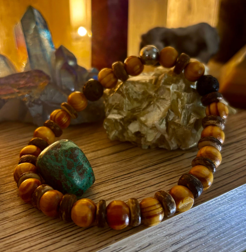 Reiki-Infused Natural Wood & Lava Rock Bracelet with Coconut Shell Spacers for Grounding & Solar Plexus Strength