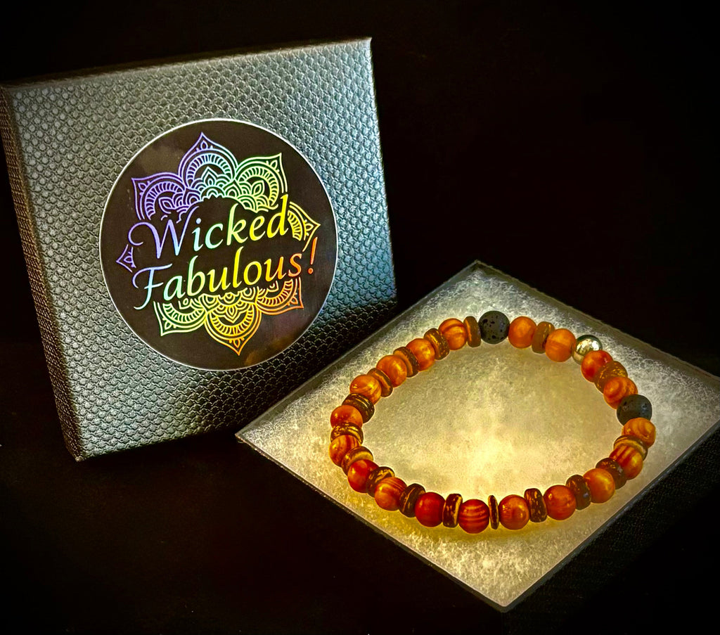 Reiki-Infused Natural Wood & Lava Rock Bracelet with Coconut Shell Spacers for Grounding & Solar Plexus Strength