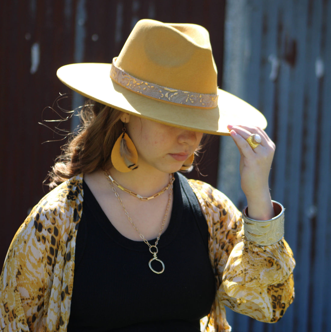Mustard Teardrop Leather Earrings with Natural Feather Accents - Image 3