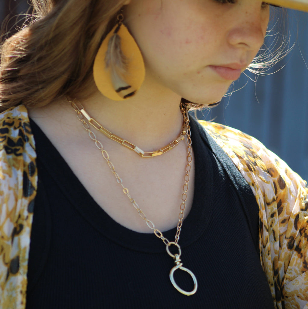 Mustard Teardrop Leather Earrings with Natural Feather Accents - Image 2