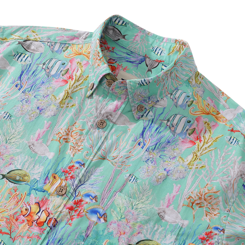 Men's Blue Sea Amusement Park Print Short Sleeve Hawaiian Shirt