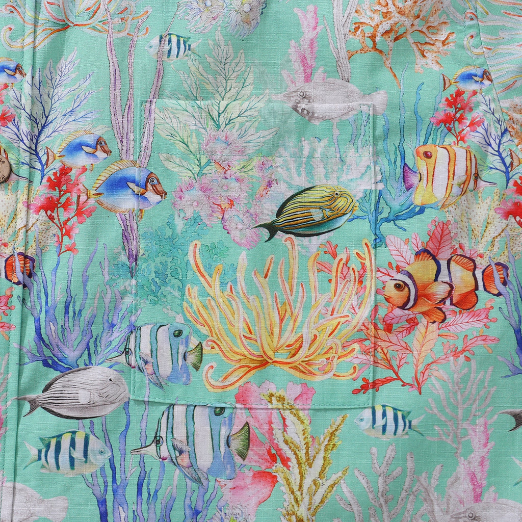 Men's Blue Sea Amusement Park Print Short Sleeve Hawaiian Shirt
