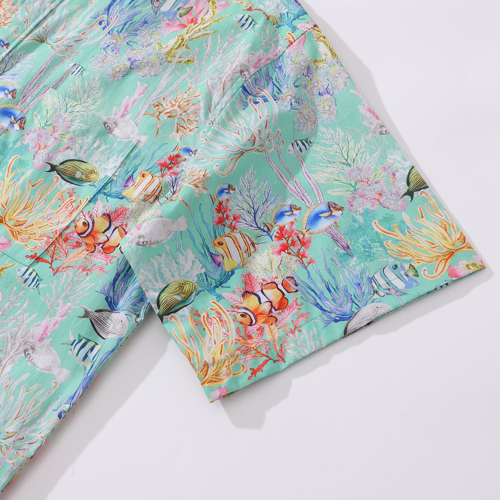 Men's Blue Sea Amusement Park Print Short Sleeve Hawaiian Shirt