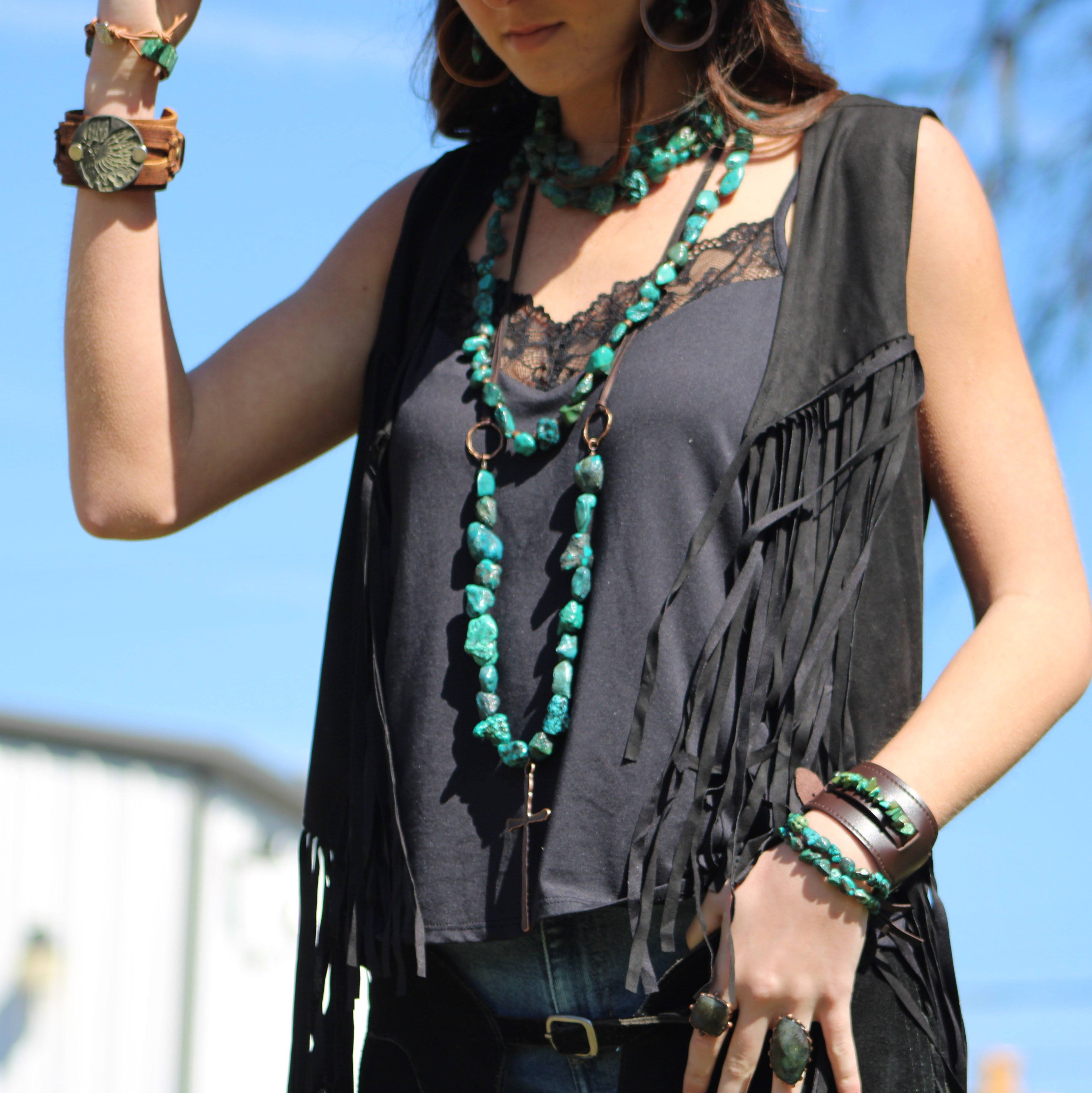 Wide Dark Leather Cuff with Natural Turquoise