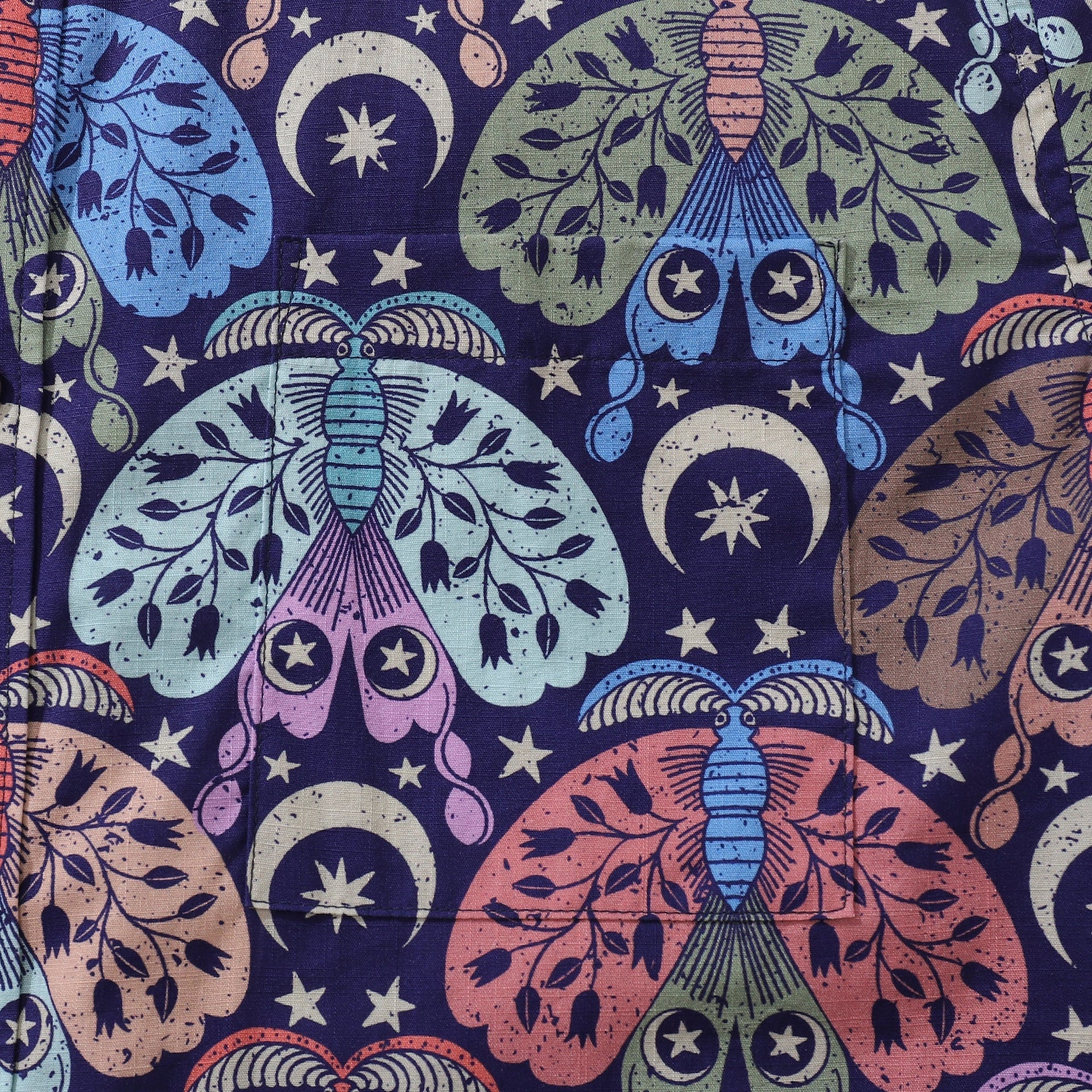Moon Moth Mysteries Cotton Button-Down Short Sleeve Shirt