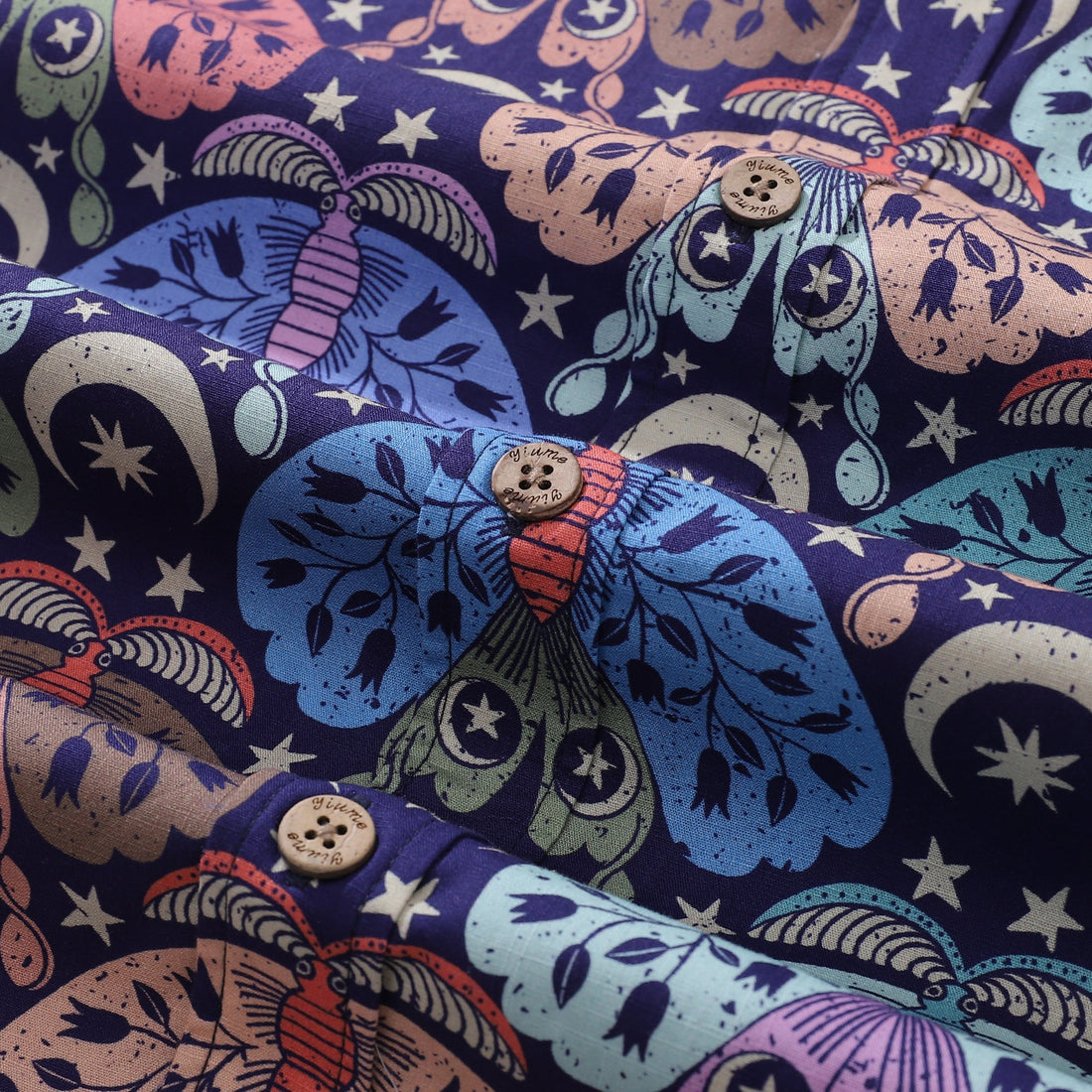 Moon Moth Mysteries Cotton Button-Down Short Sleeve Shirt