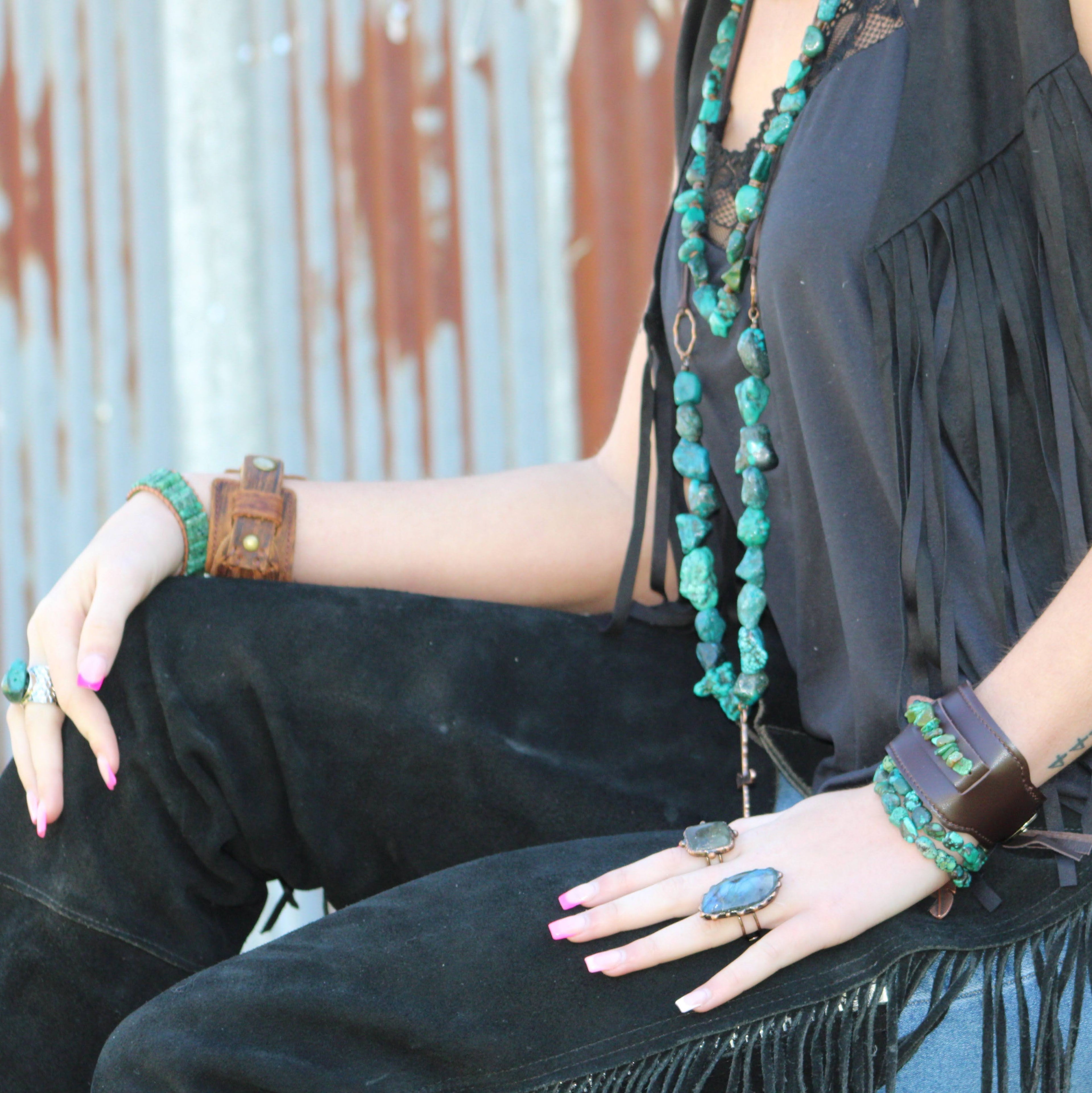 Wide Dark Leather Cuff with Natural Turquoise