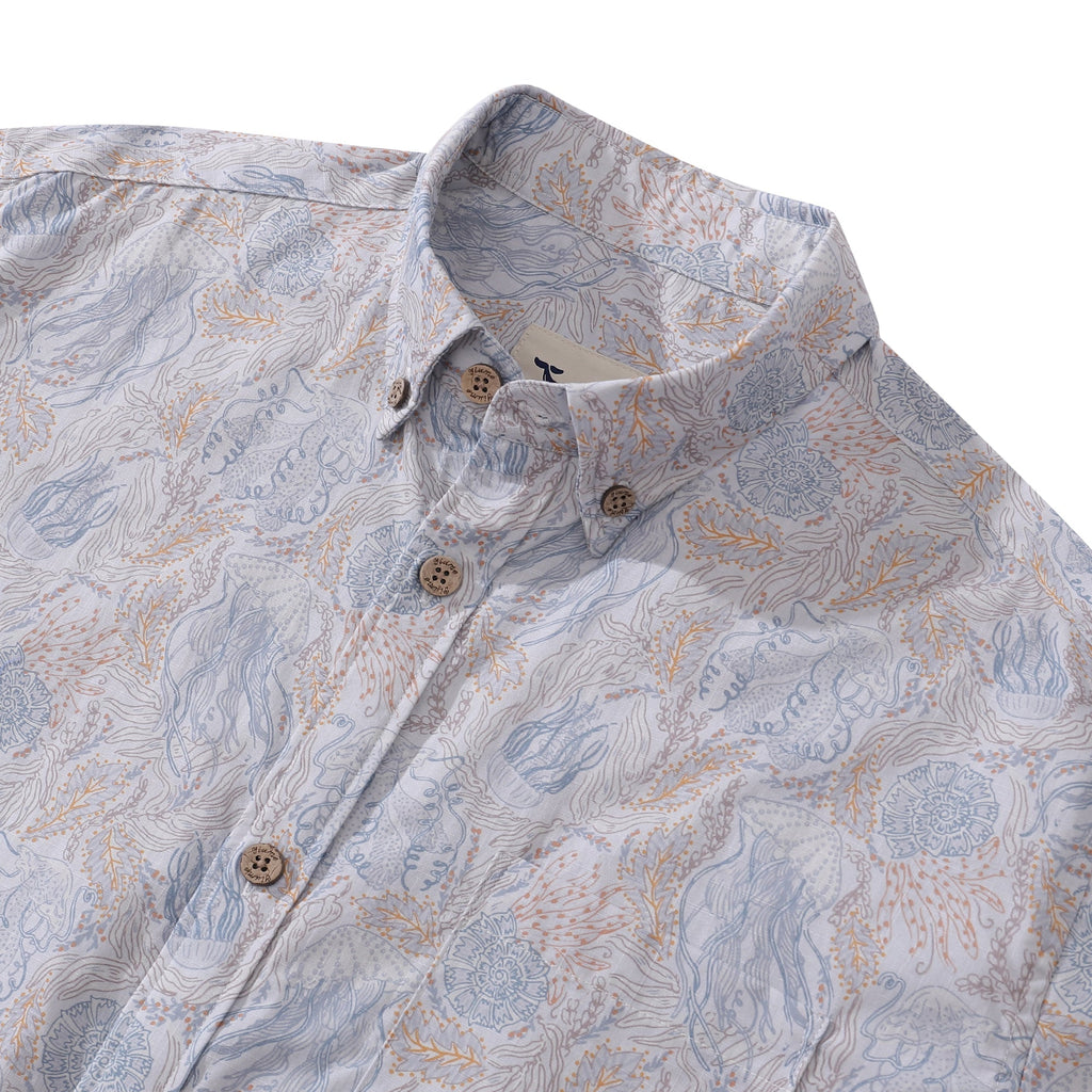 Men's Jellyfish Seascape Print Short Sleeve Aloha Button-Down Shirt