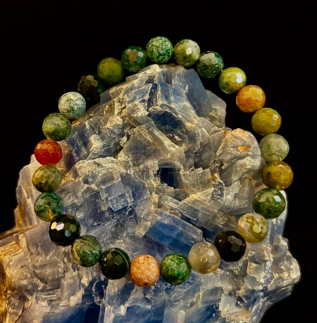 Reiki-Infused Faceted Indian Agate Bracelet for Inner Peace, Grounding & Emotional Harmony (8mm)