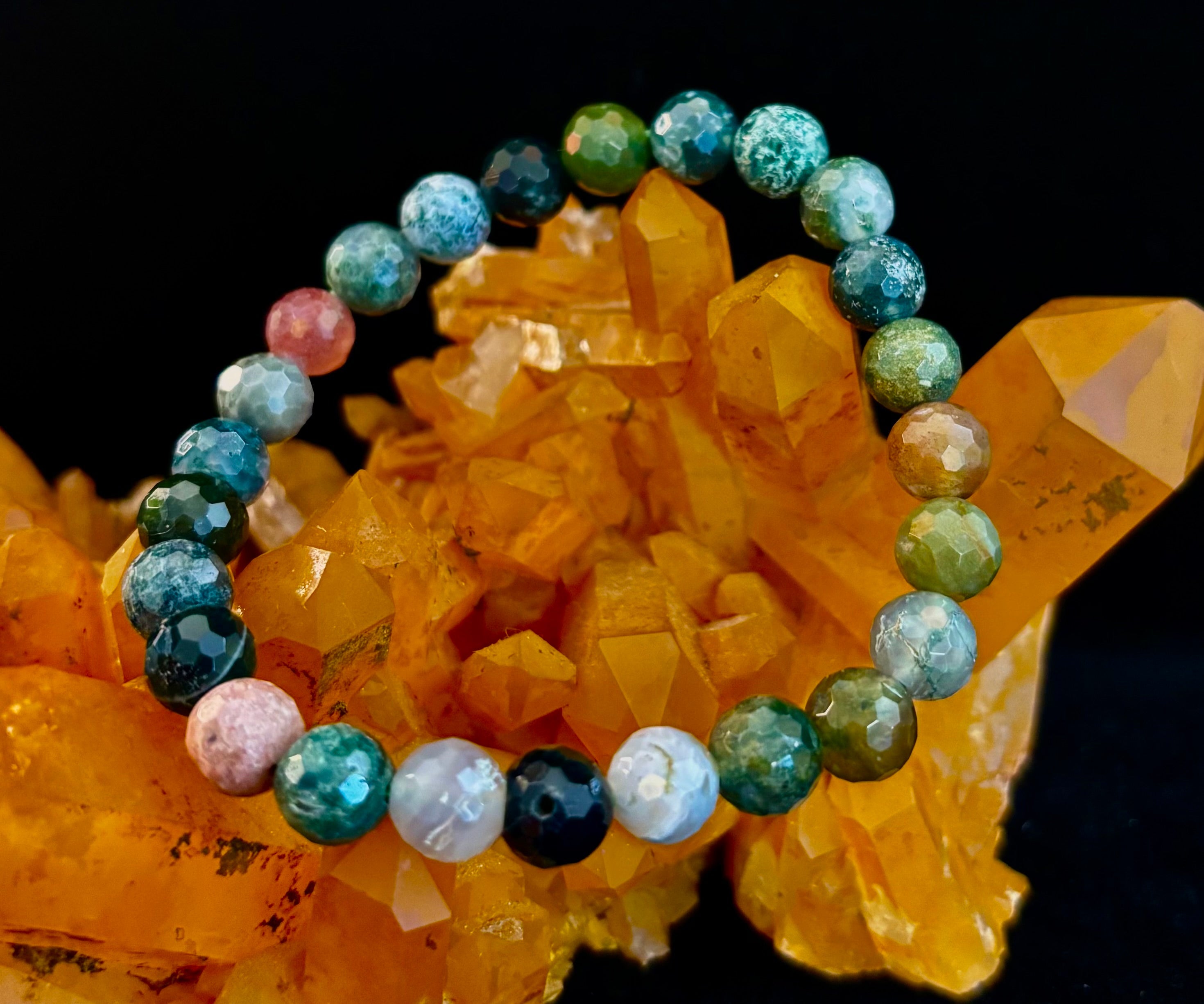 Reiki-Infused Faceted Indian Agate Bracelet for Inner Peace, Grounding & Emotional Harmony (8mm)