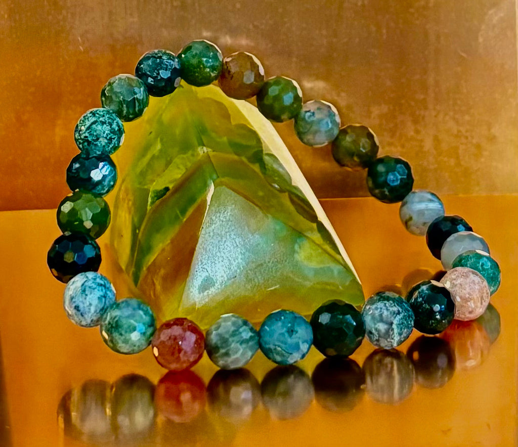 Reiki-Infused Faceted Indian Agate Bracelet for Inner Peace, Grounding & Emotional Harmony (8mm)