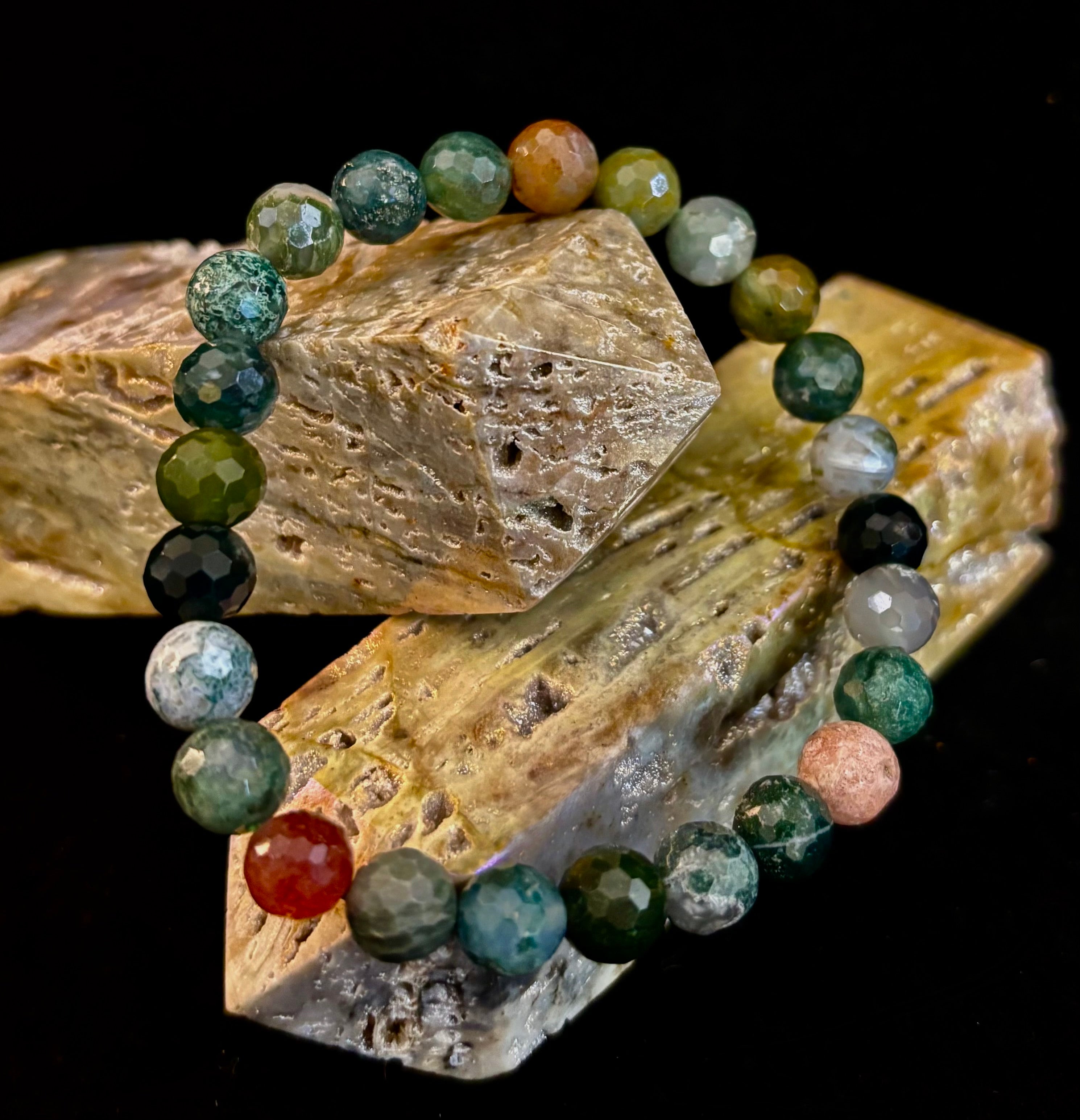 Reiki-Infused Faceted Indian Agate Bracelet for Inner Peace, Grounding & Emotional Harmony (8mm)