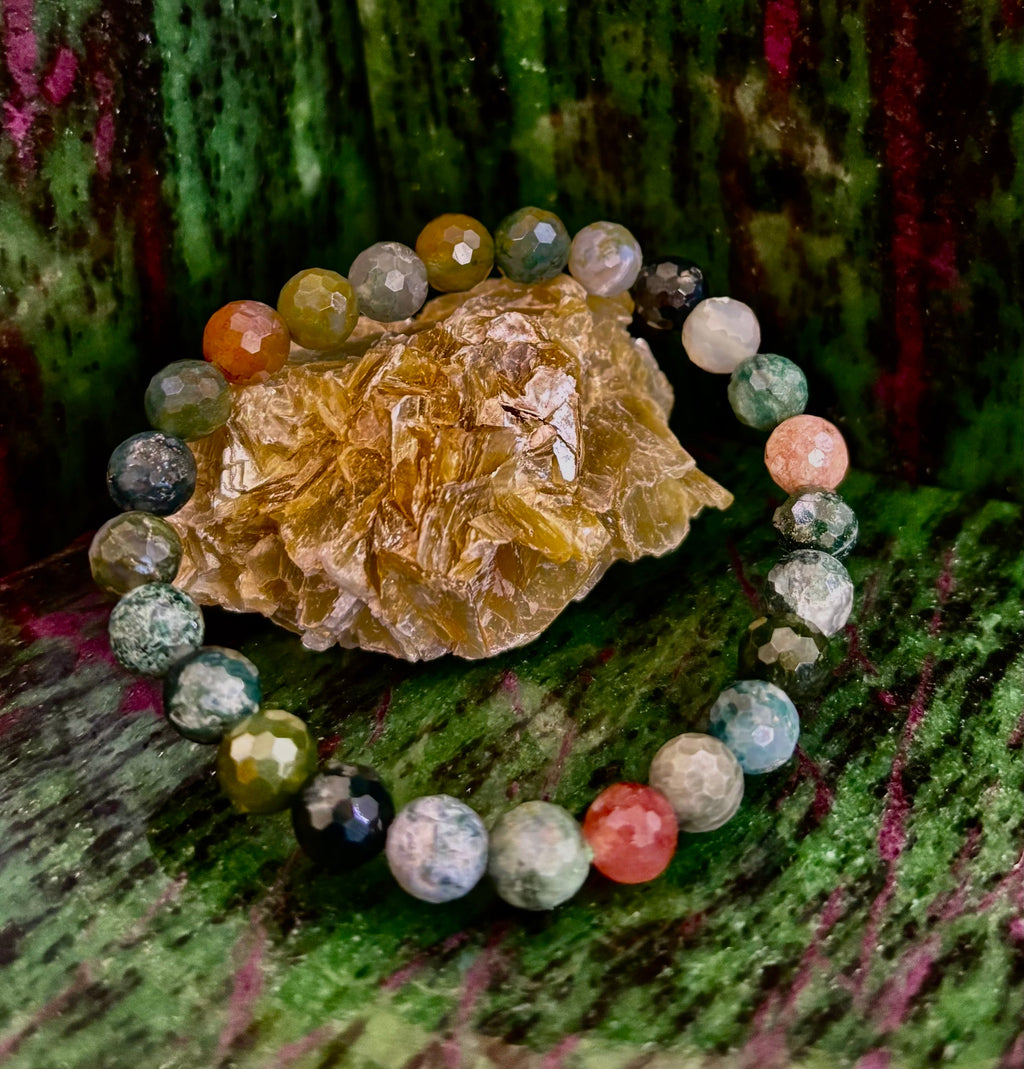 Reiki-Infused Faceted Indian Agate Bracelet for Inner Peace, Grounding & Emotional Harmony (8mm)