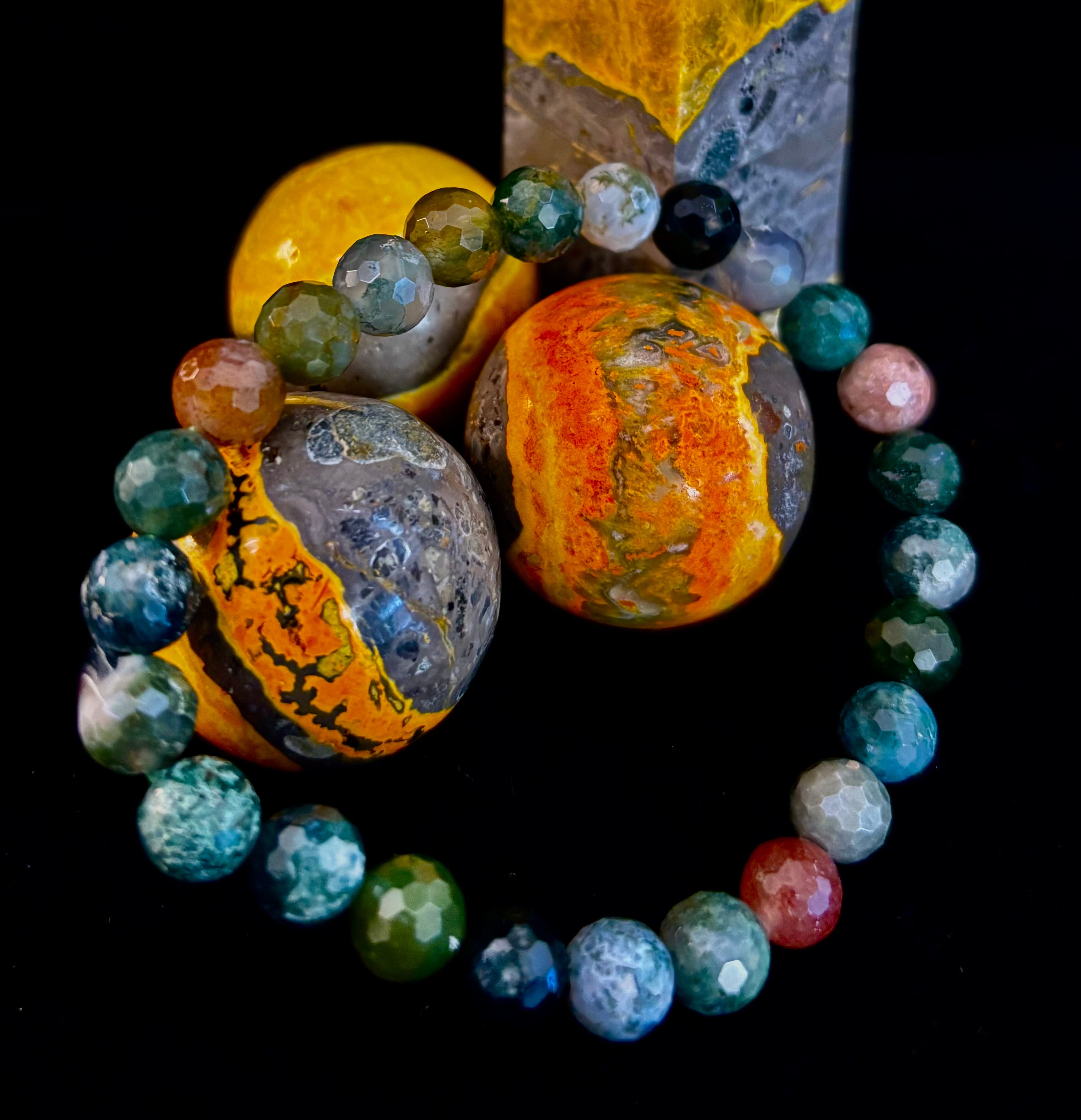 Reiki-Infused Faceted Indian Agate Bracelet for Inner Peace, Grounding & Emotional Harmony (8mm)