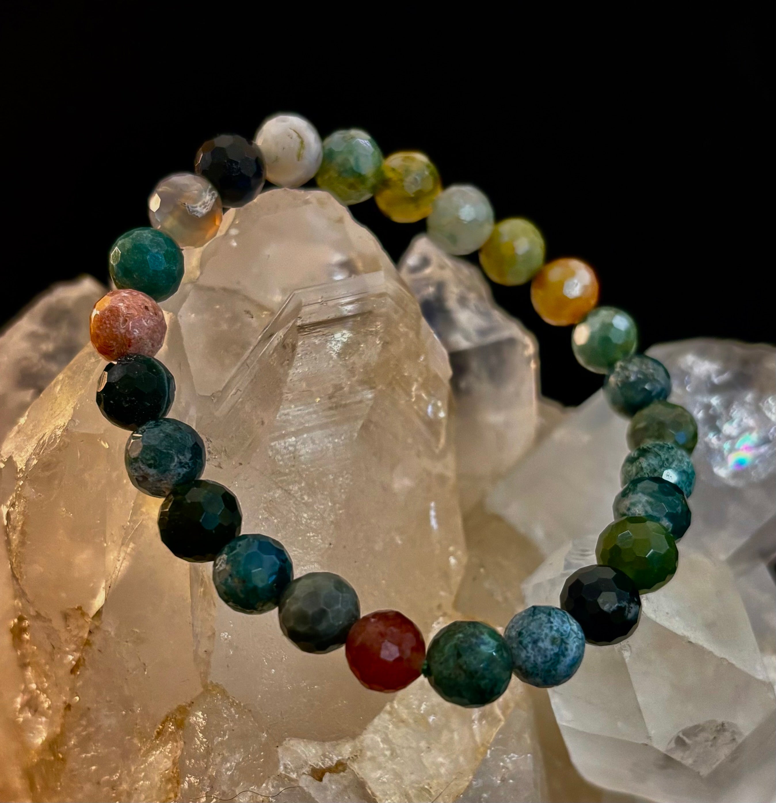 Reiki-Infused Faceted Indian Agate Bracelet for Inner Peace, Grounding & Emotional Harmony (8mm)