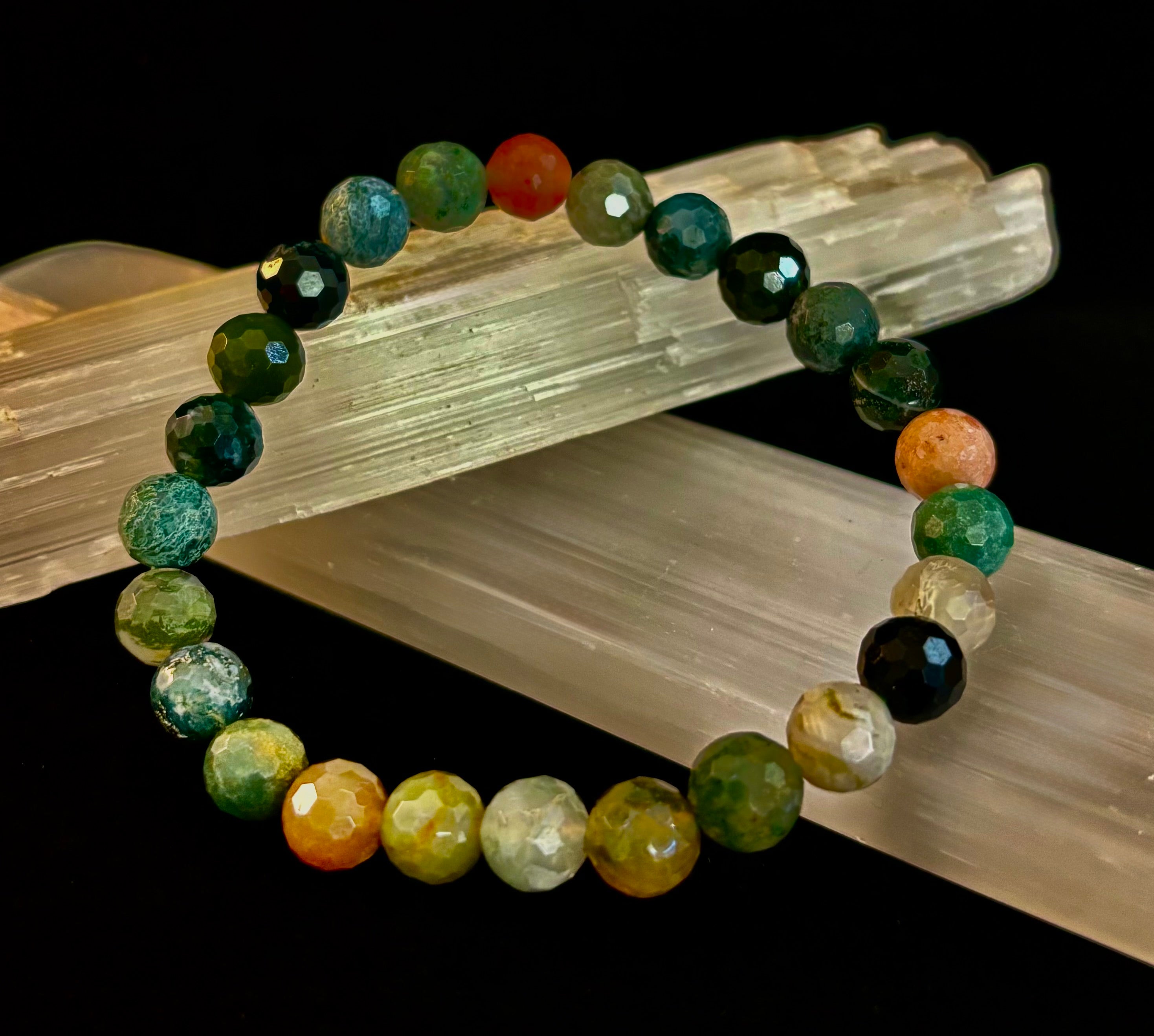 Reiki-Infused Faceted Indian Agate Bracelet for Inner Peace, Grounding & Emotional Harmony (8mm)